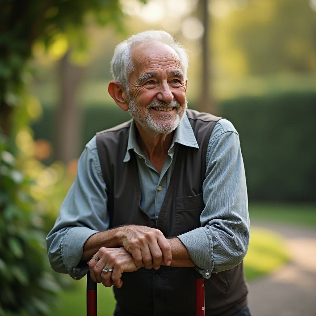Smiling elderly man in vest, leaning on a red gardening tool outdoors.