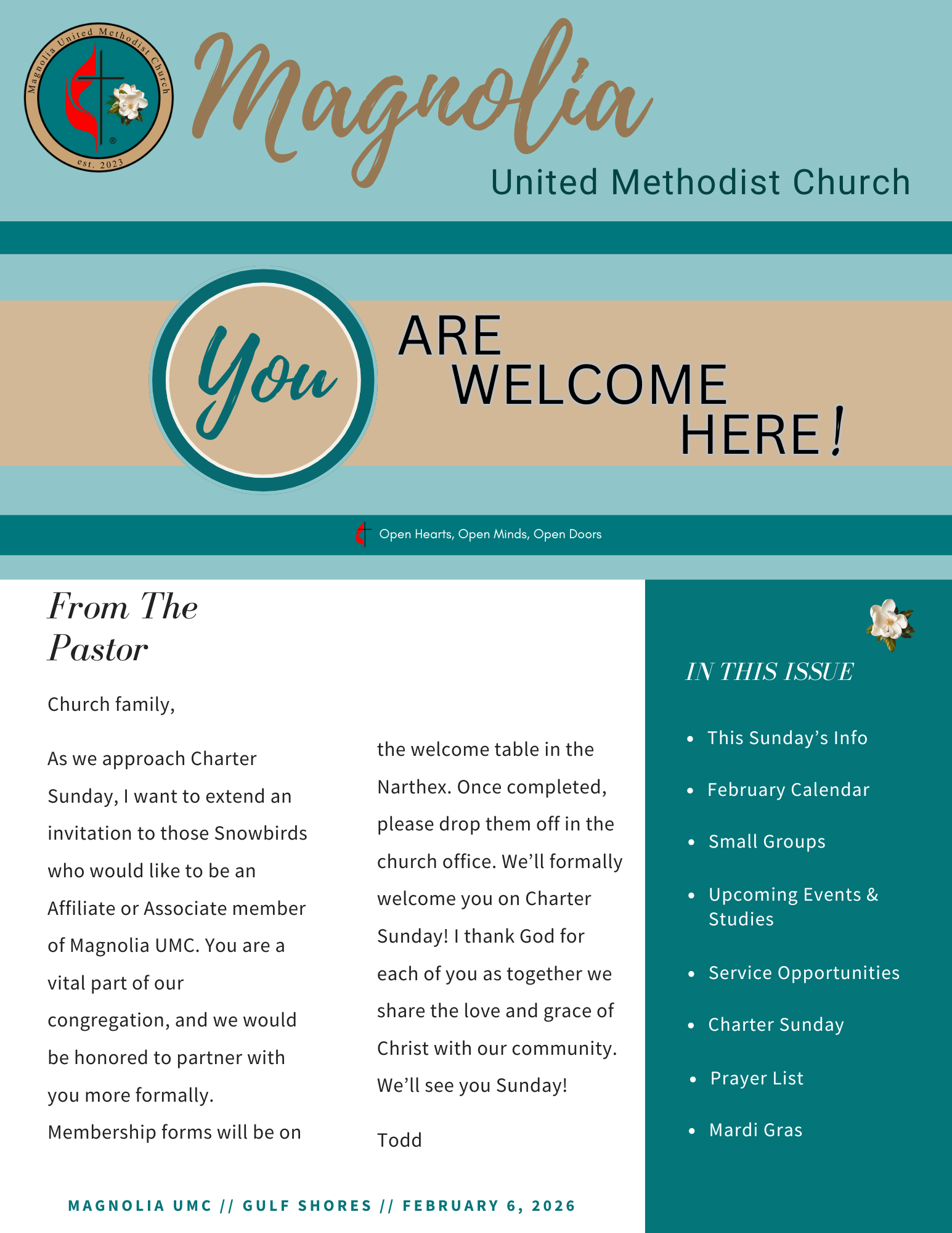 Church newsletter: Magnolia UMC, September 2025; upcoming events and service details.