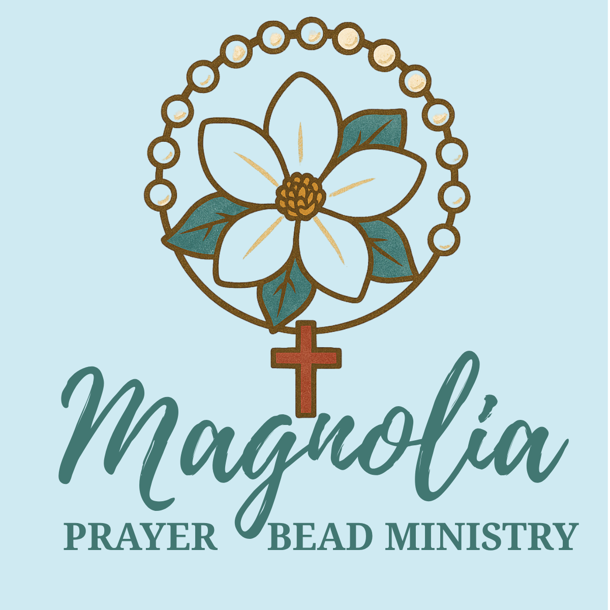 Logo for Magnolia Prayer Bead Ministry: magnolia flower within rosary beads, cross below, and text.