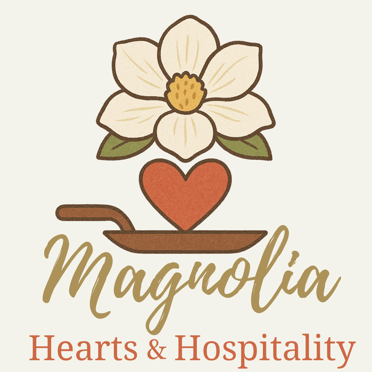 Logo: Magnolia with a flower, heart on a pan, and text