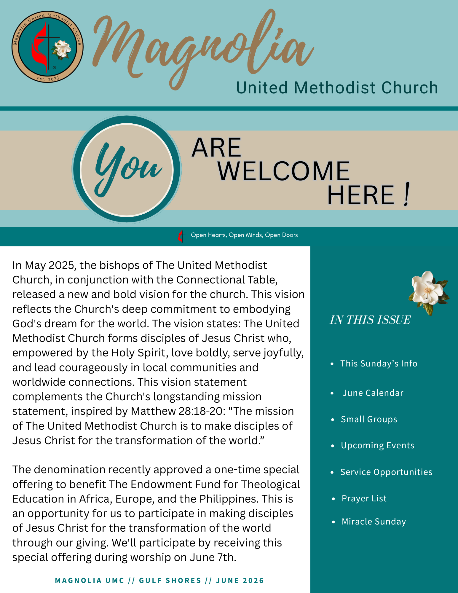 Church newsletter: Magnolia UMC, September 2025; upcoming events and service details.