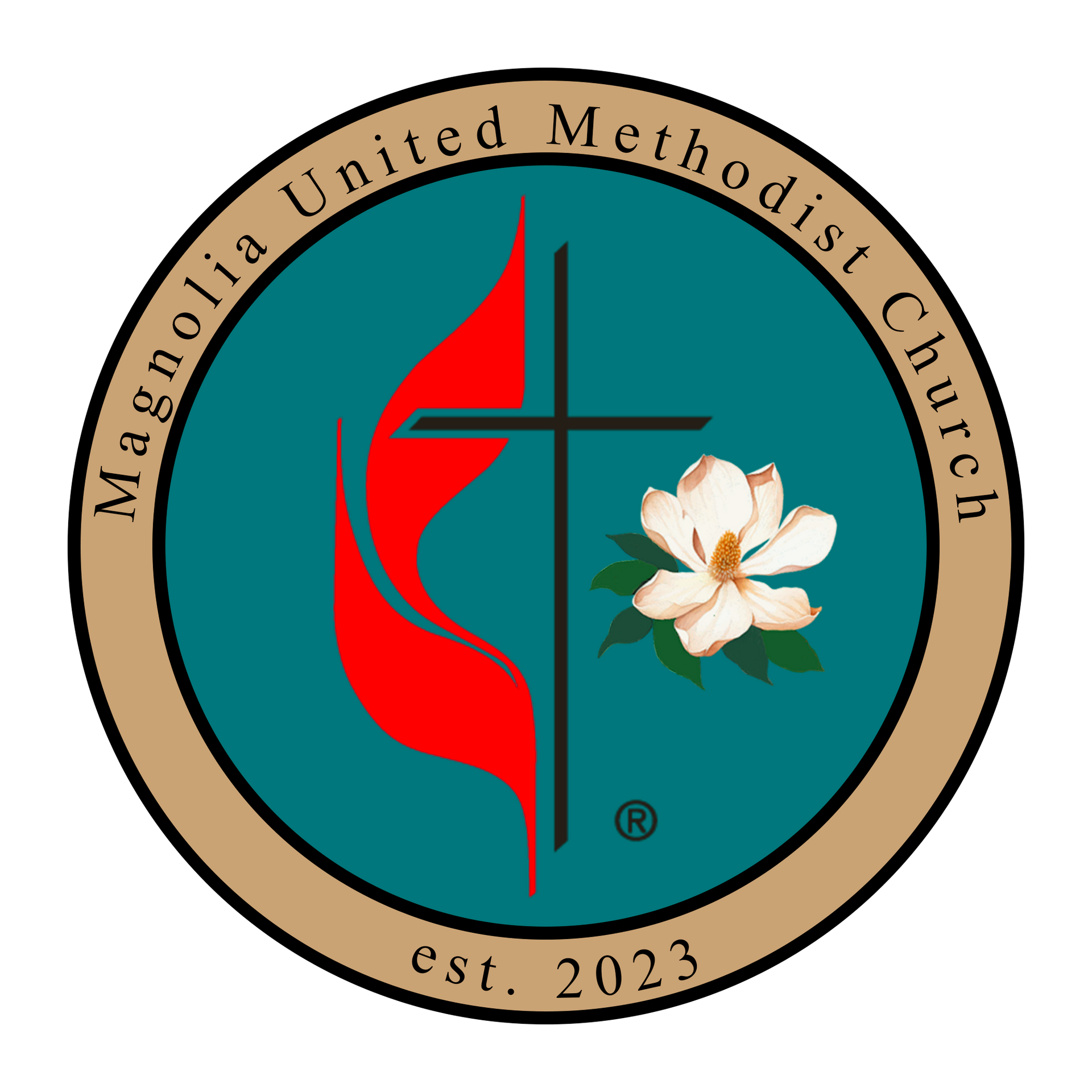 Logo for Magnolia United Methodist Church, featuring a cross, flame, magnolia flower, and text.