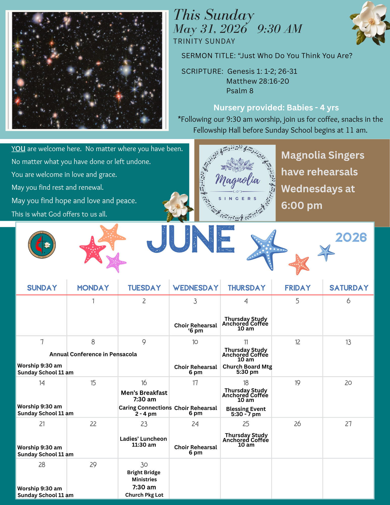 Church newsletter: Magnolia UMC, August 20, 2023; upcoming events and service details.