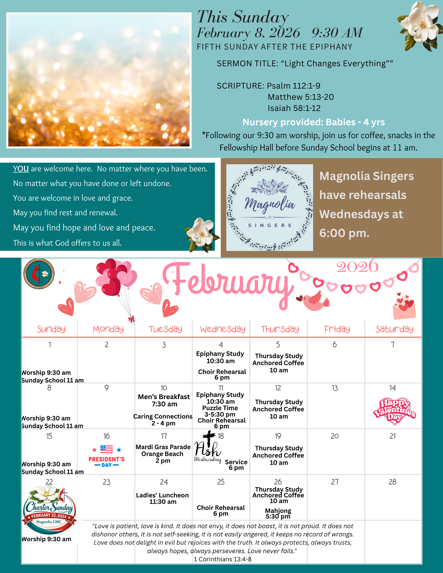 Church newsletter: Magnolia UMC, August 20, 2023; upcoming events and service details.