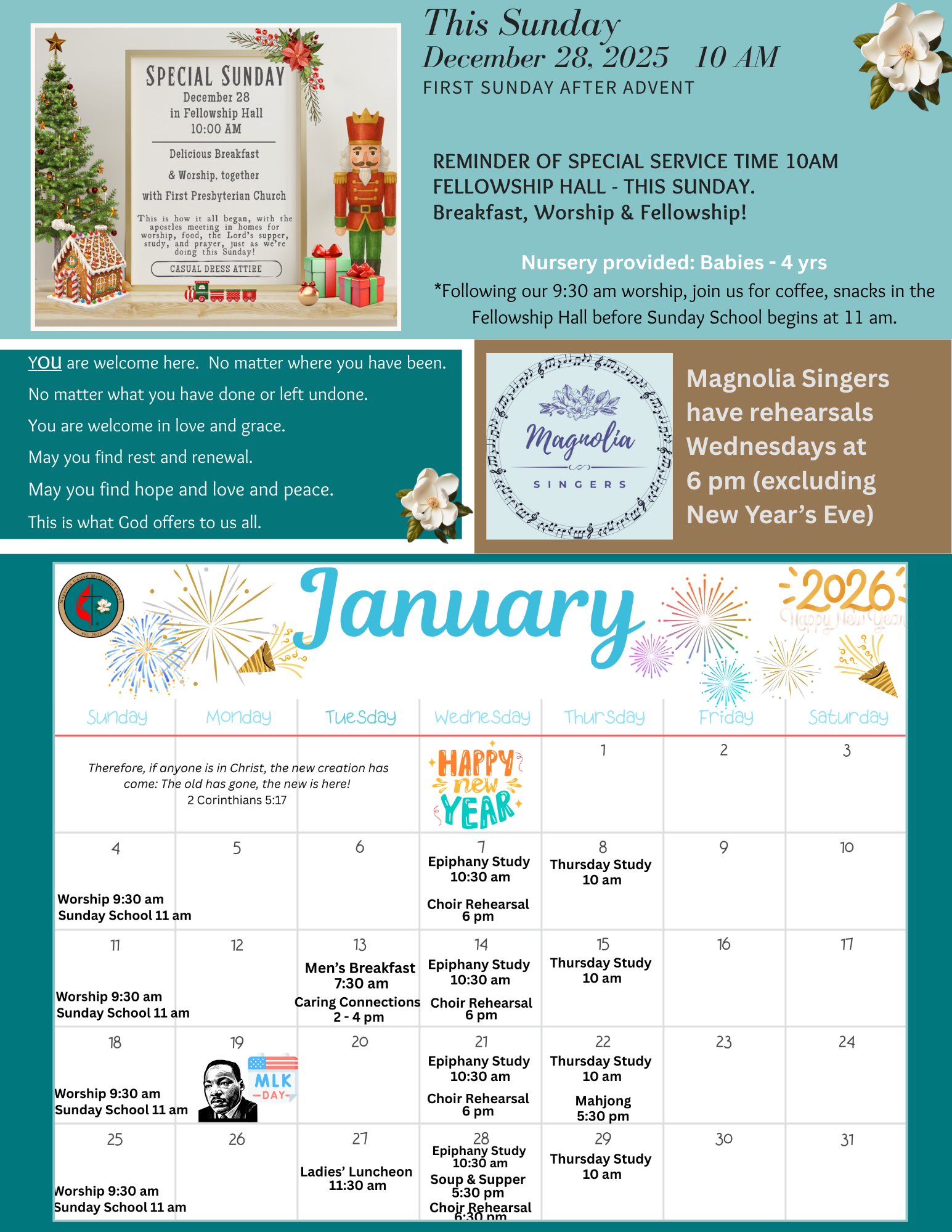 Church newsletter: Magnolia UMC, August 20, 2023; upcoming events and service details.