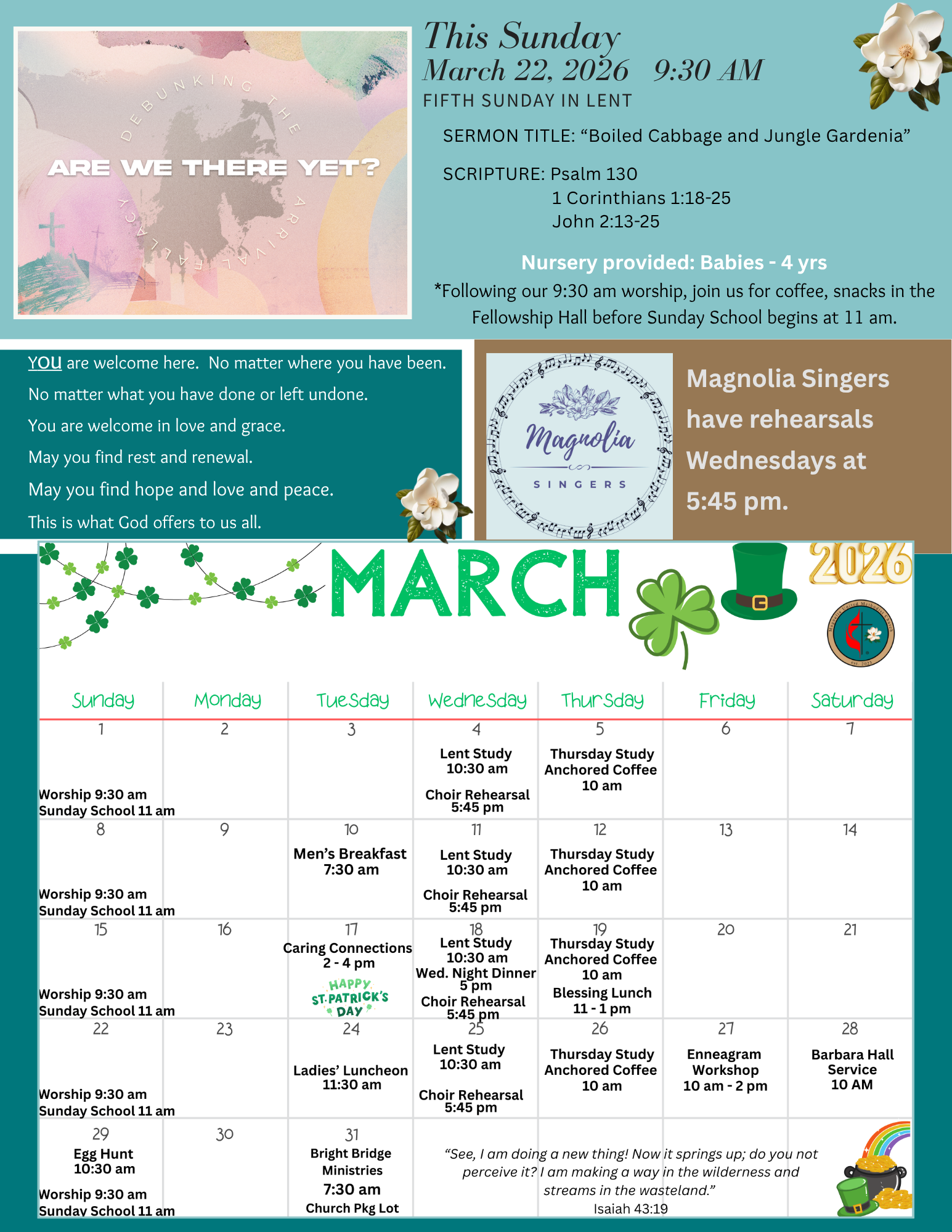 Church newsletter: Magnolia UMC, August 20, 2023; upcoming events and service details.