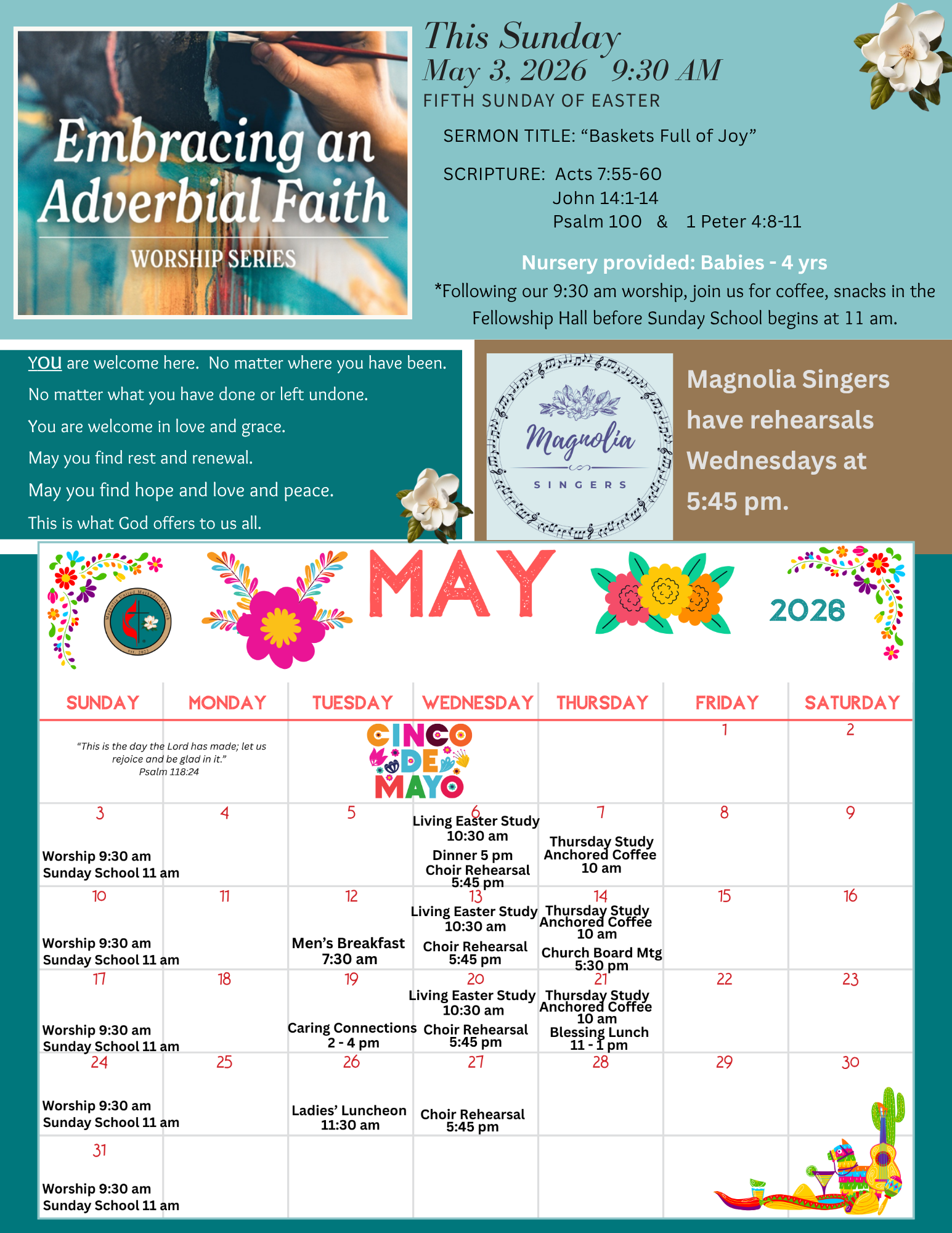 Church newsletter: Magnolia UMC, August 20, 2023; upcoming events and service details.
