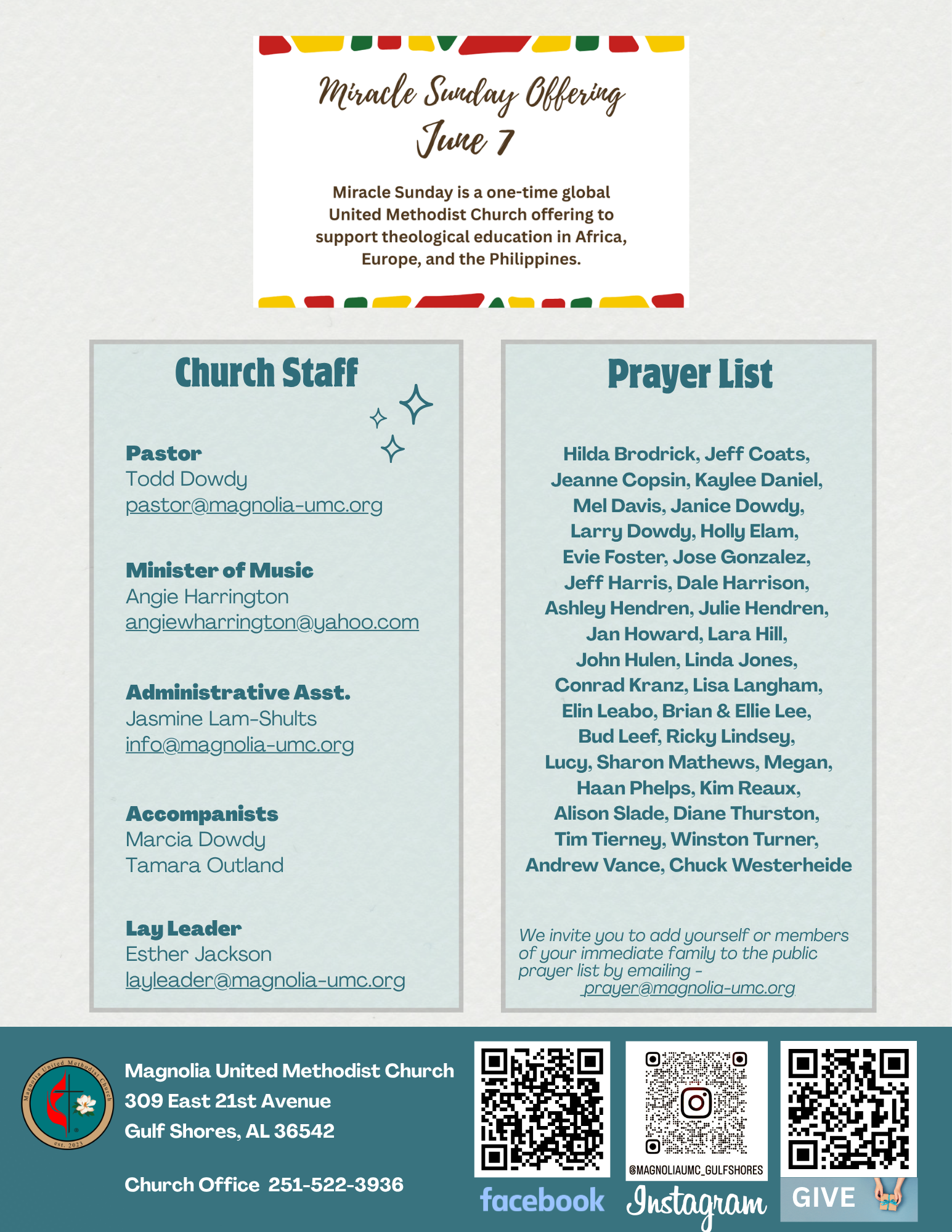 Church newsletter: Magnolia UMC, August 20, 2023; upcoming events and service details.