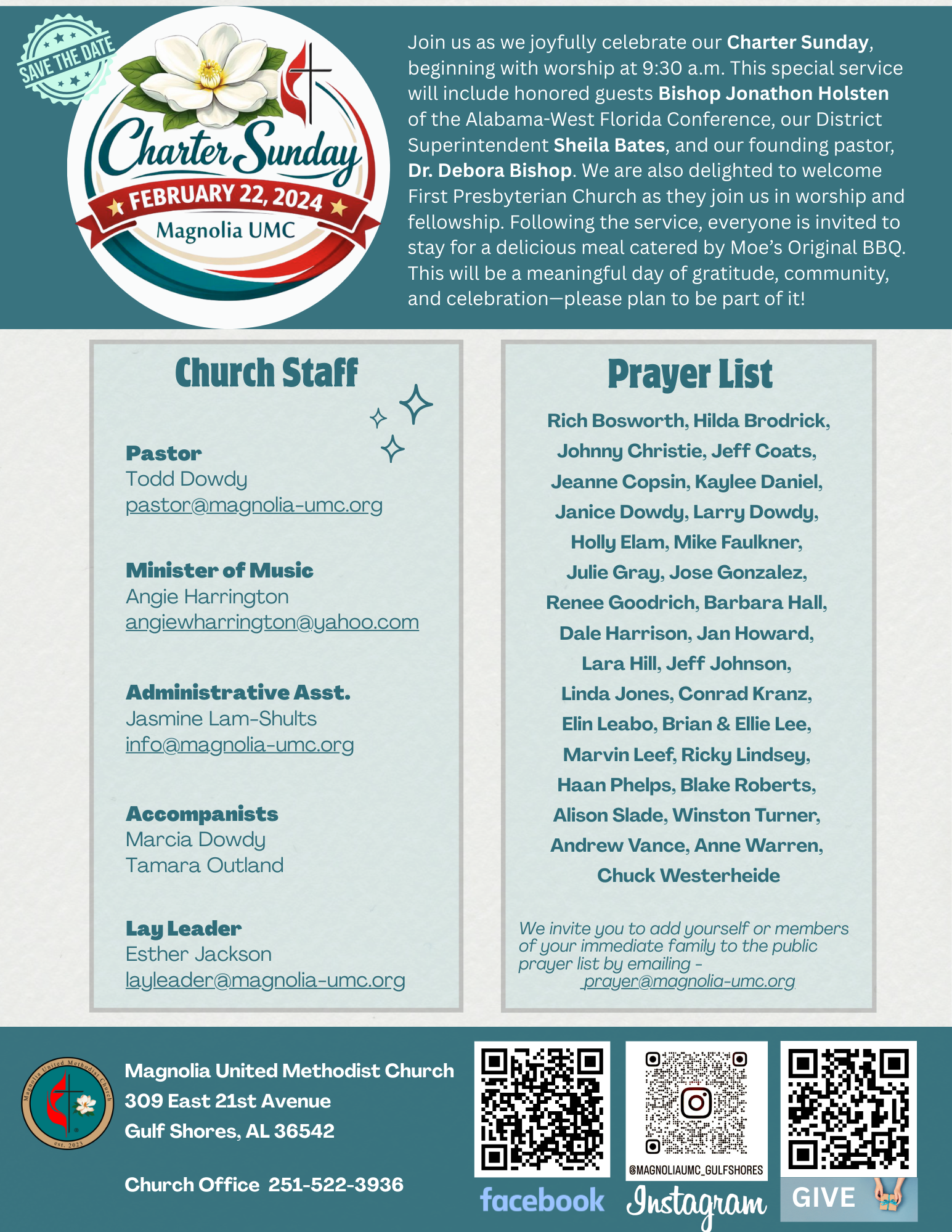 Church newsletter: Magnolia UMC, August 20, 2023; upcoming events and service details.