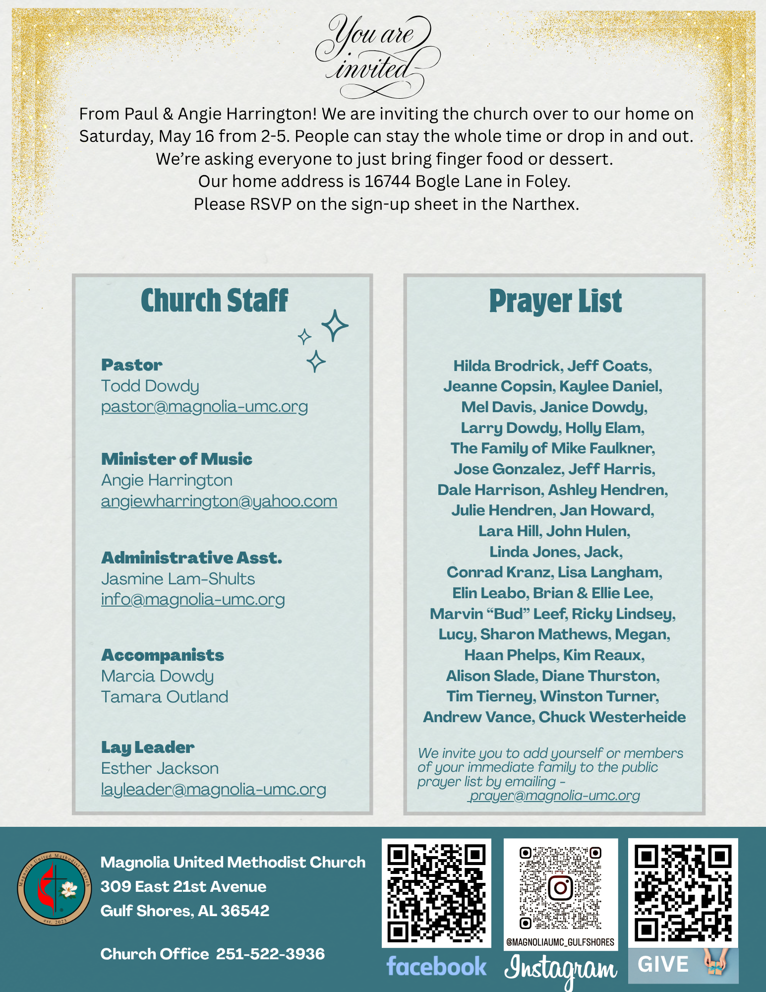 Church newsletter: Magnolia UMC, August 20, 2023; upcoming events and service details.
