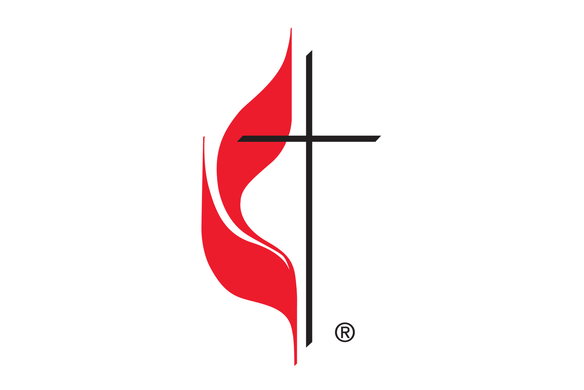 Red flame beside a black cross, emblem of the United Methodist Church.