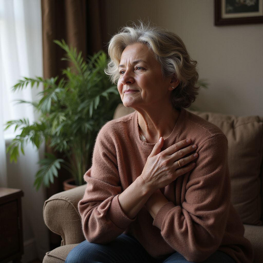 Elderly woman in a brown sweater sits on a couch, looking out a window, hands clasped over her chest.