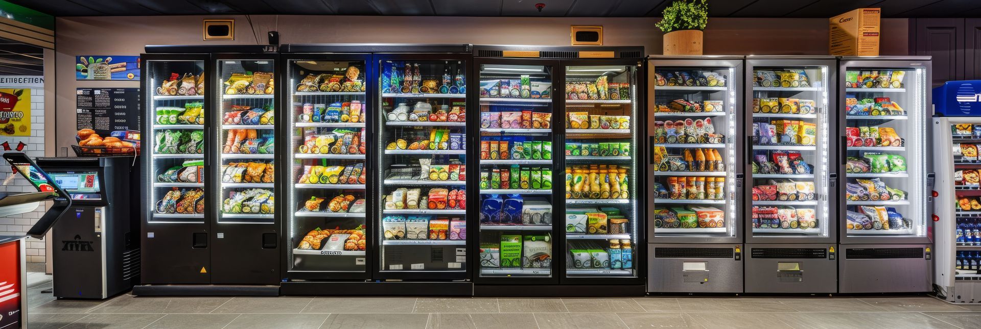 Glass-front vending machines stocked with drinks, snacks, and fresh food options in a public area.