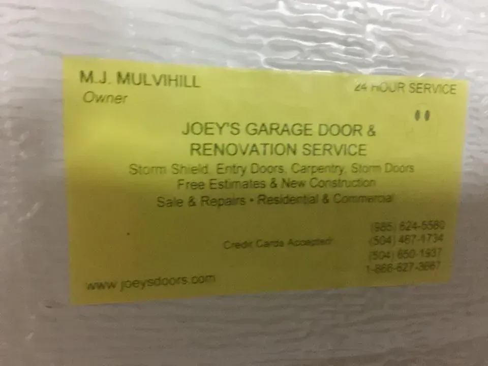 Yellow business card: Joey's Garage Door & Renovation Service. Lists owner, services, and contact information.
