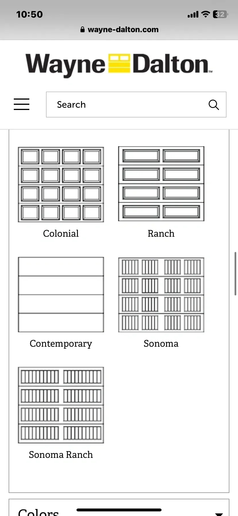 Wayne Dalton website showing garage door styles including Colonial, Ranch, Contemporary, and Sonoma.