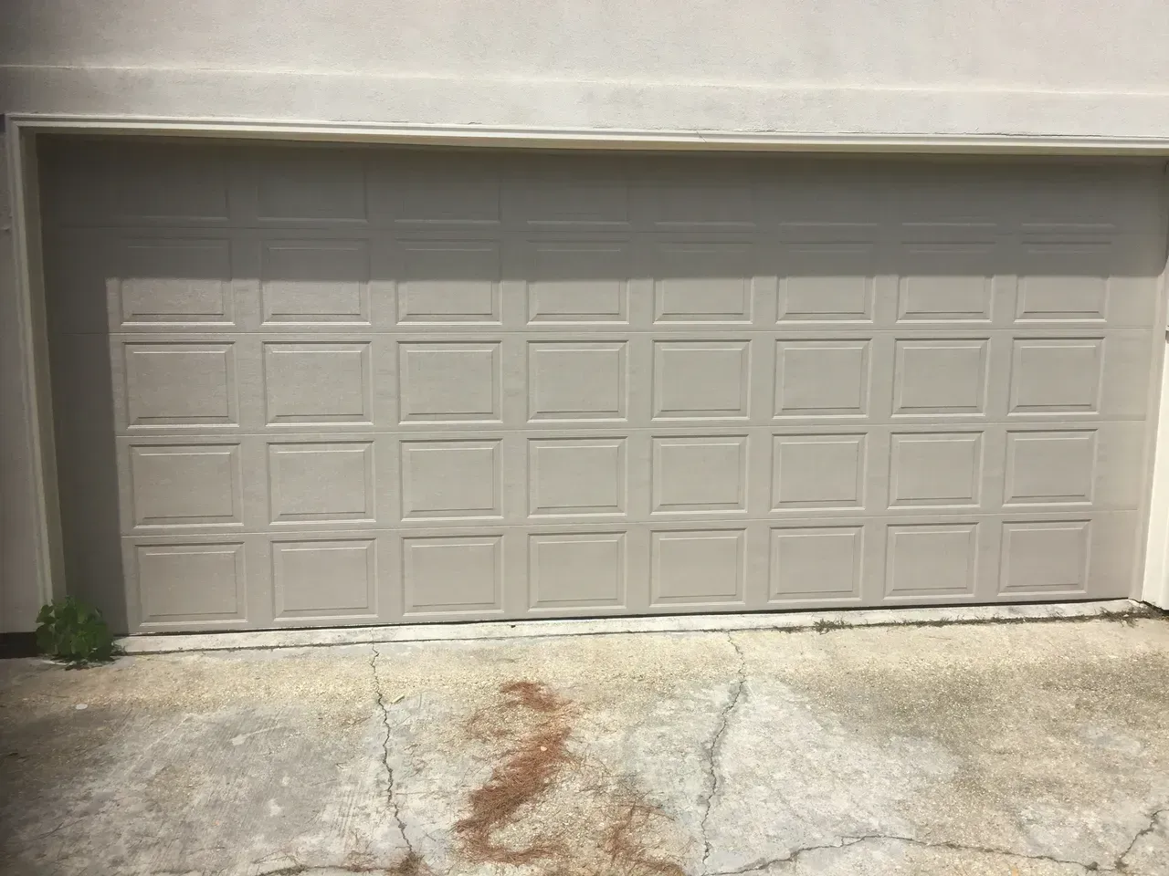 Tan garage door, closed, with square panel design. Concrete driveway below.