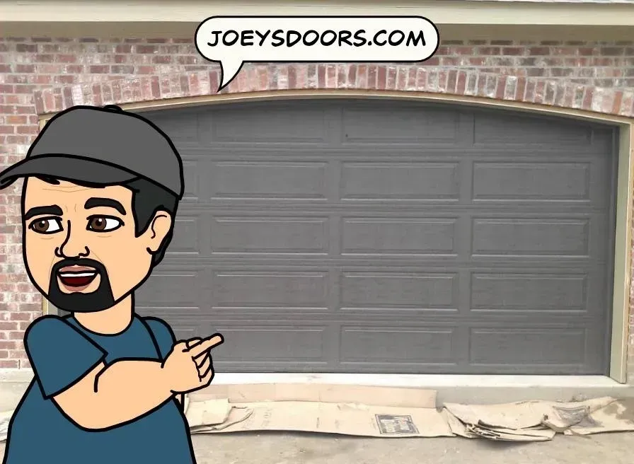 Cartoon man points to a gray garage door; a website URL reads joeydoors.com.