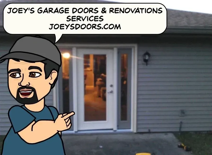 Cartoon man pointing at a white door, Joey's Garage Doors & Renovations advertisement, website address.
