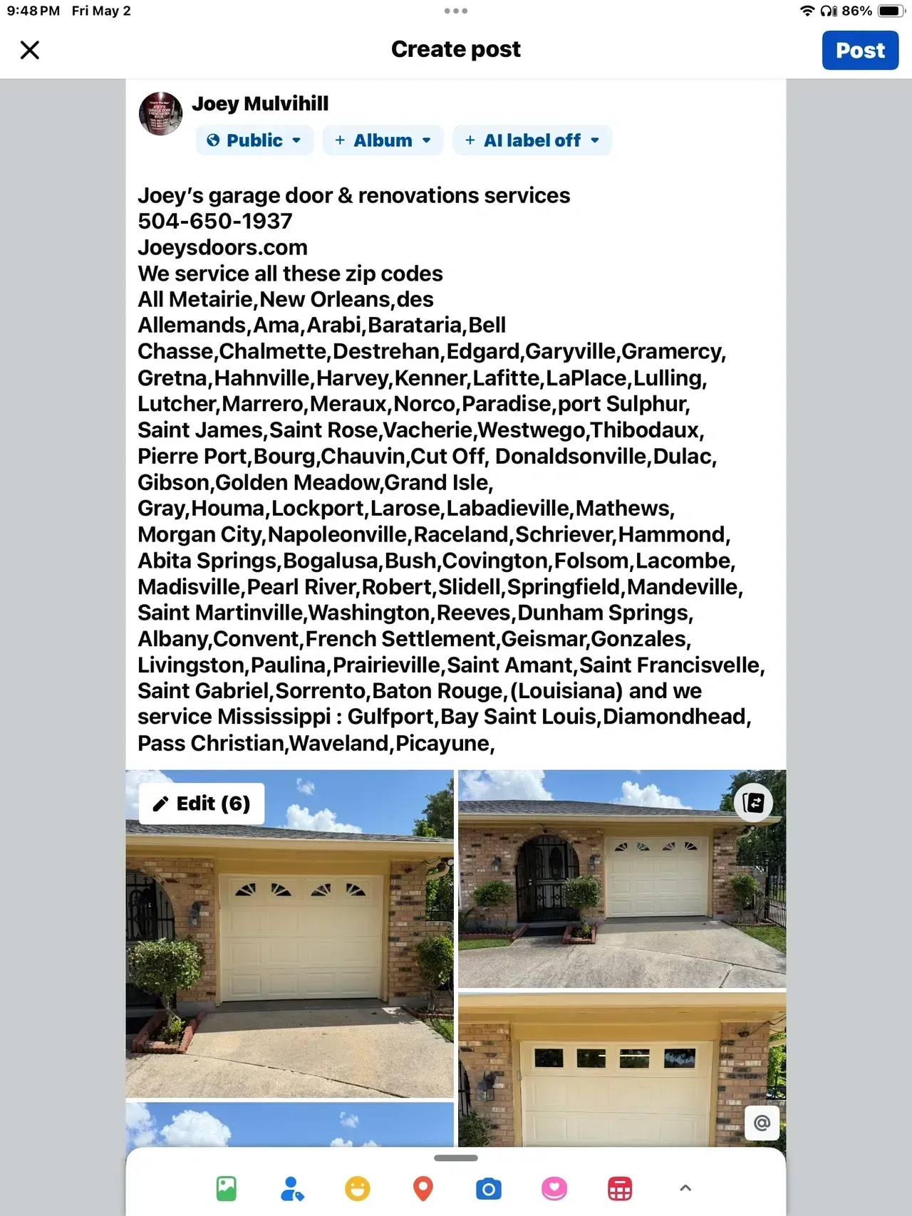 Advertisement for Joey's garage door & renovations services, with photos of garage doors.