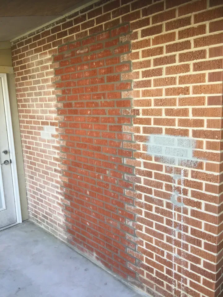 Brick wall with a section of darkened bricks, likely due to moisture, and some white staining.