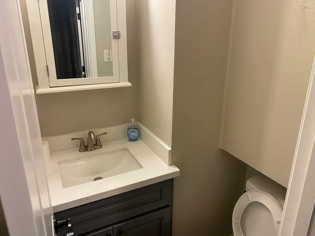 Small bathroom with a sink, toilet, and cabinet. Sink has white countertop and dark cabinet.