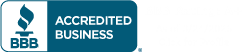 Blue rectangular BBB Accredited Business logo featuring a stylized torch icon and the text