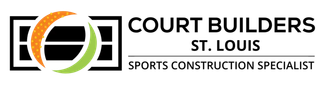Logo for Court Builders St. Louis, featuring a stylized black, orange, and green court graphic next to the company name.