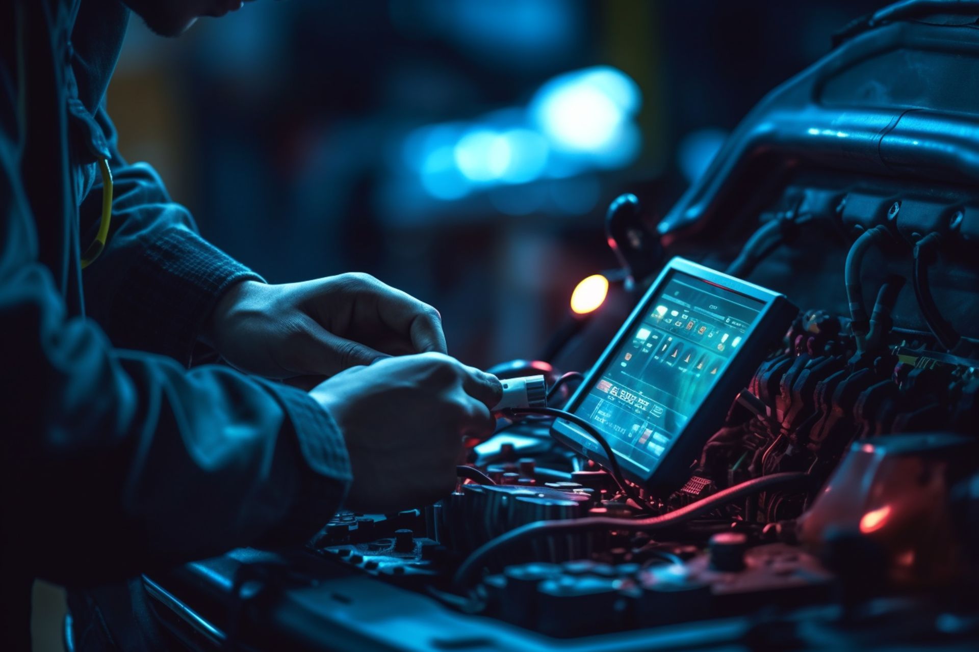 A man is working on a computer in a dark room.