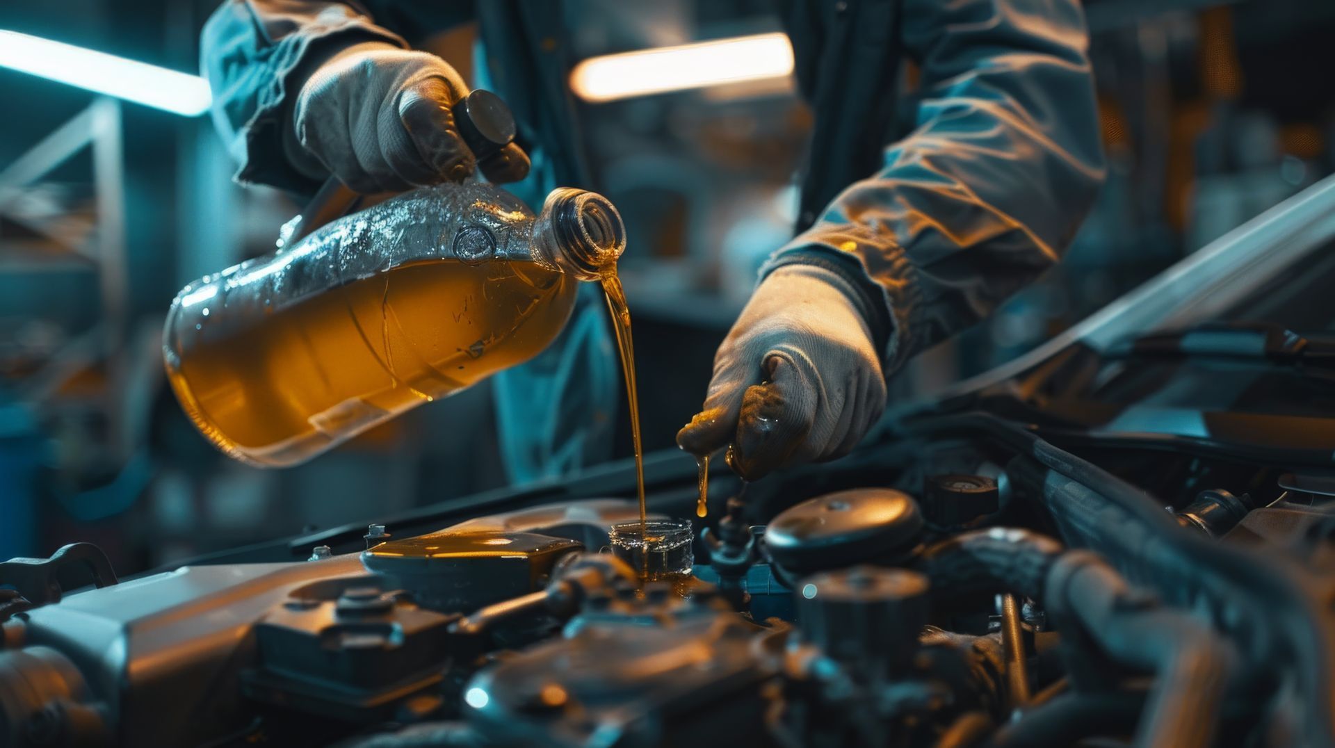 A mechanic is pouring oil into a car engine.