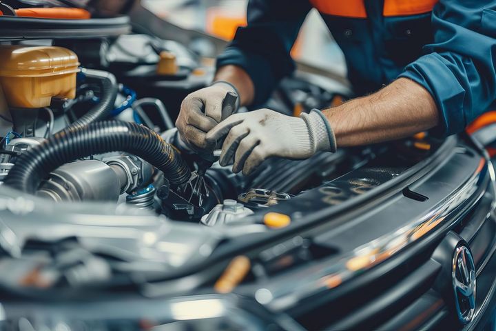 A man is working on the engine of a car.