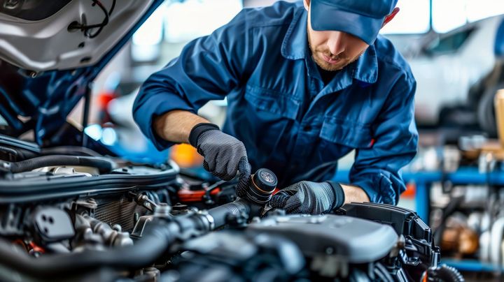 A mechanic is working on a car engine in a garage.