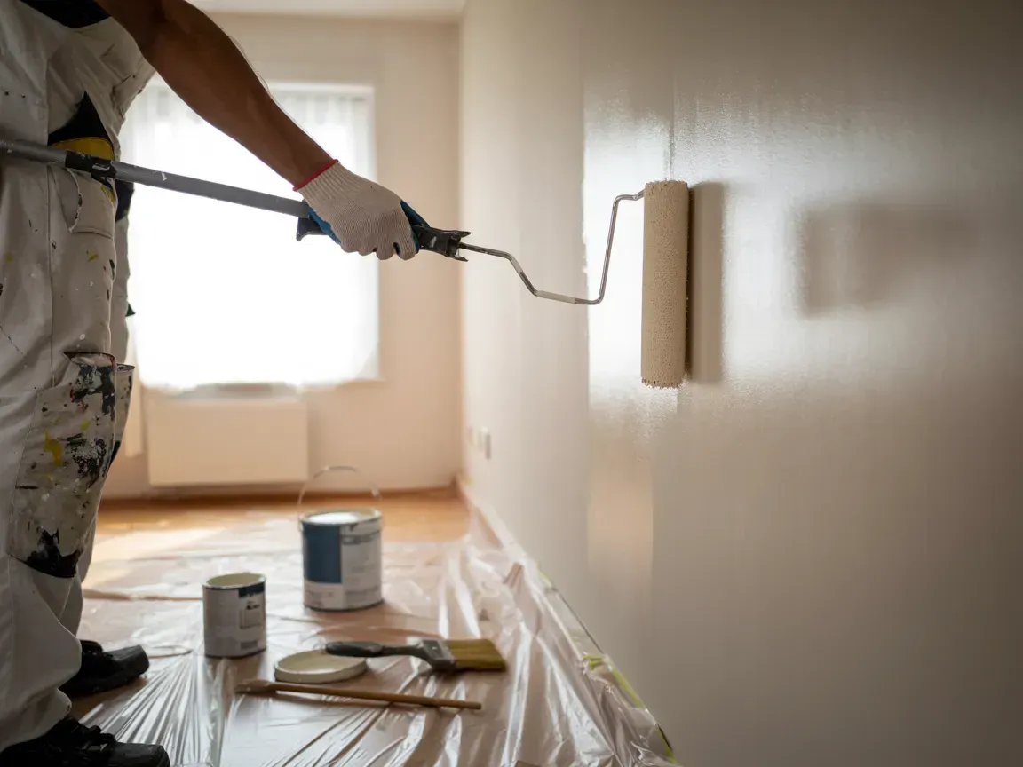 Person painting a wall with a paint roller inside a room.