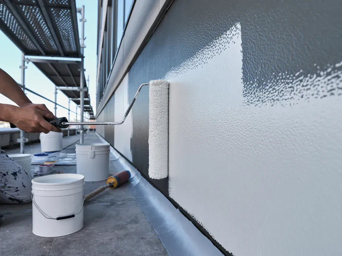 Person painting a building exterior with a roller, using white paint, with scaffolding visible.