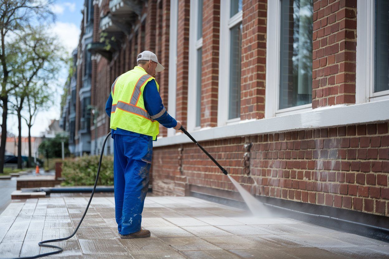 A man is cleaning a brick wall with a high pressure washer.