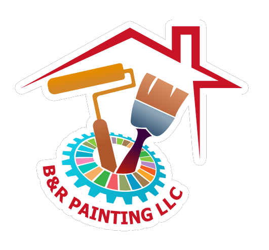 Logo for B&R Painting LLC: house outline, paint roller and brush over colorful gear, with company name.