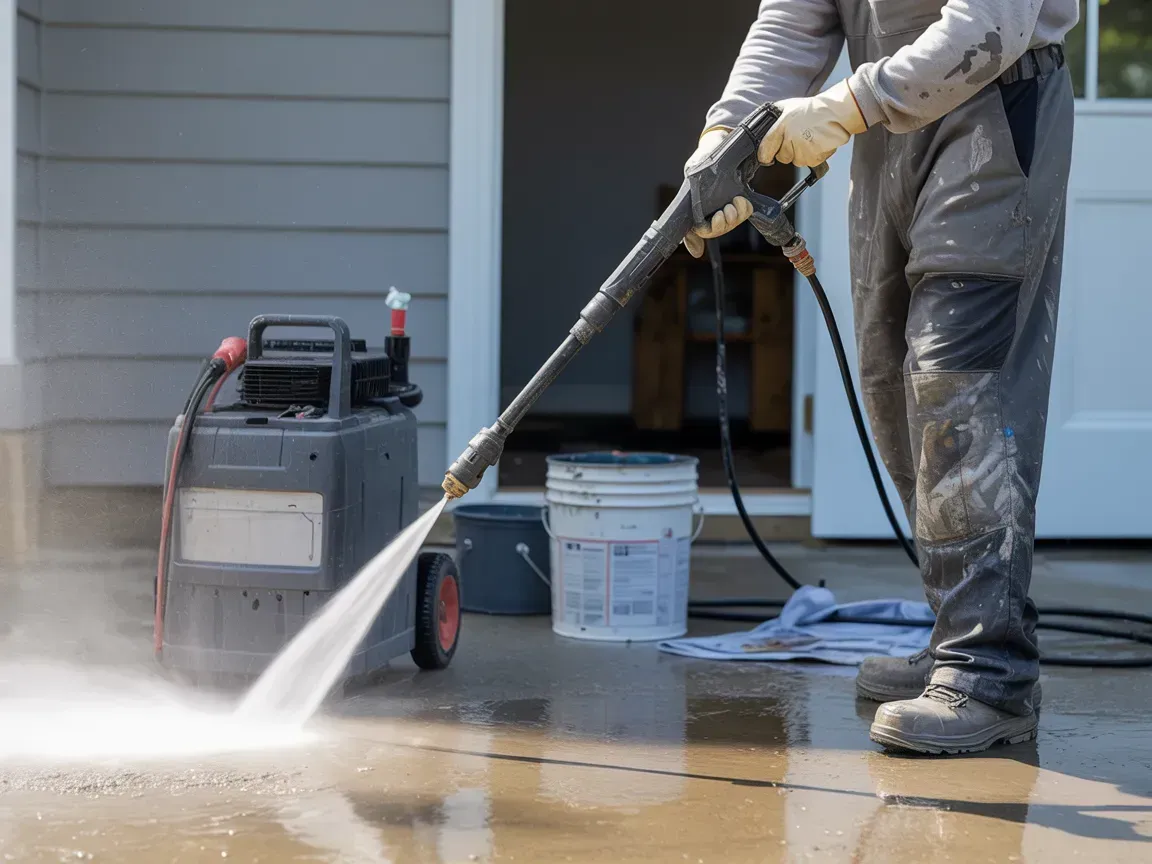 Person power washing a concrete surface with a pressure washer outside a house.