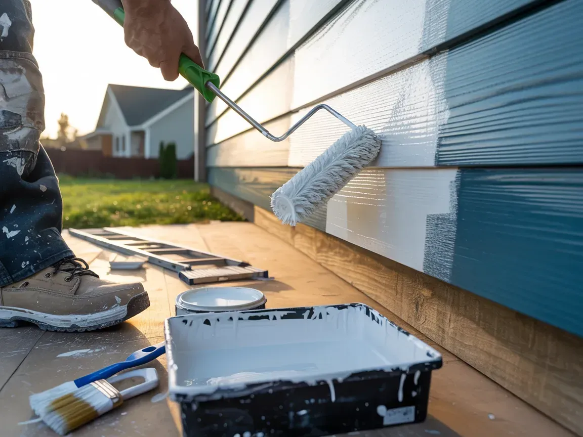 Person painting a blue house with a white paint roller, outdoor setting.