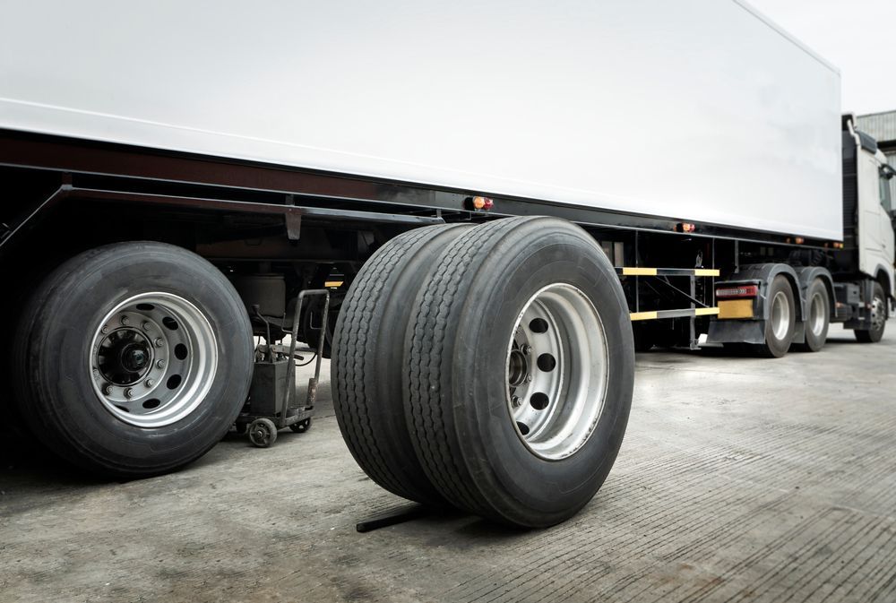 A close-up of a large semi-truck's wheels and chassis parked on a concrete surface.