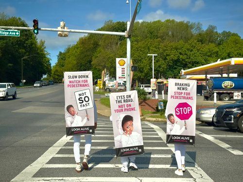 Three people are walking across a street holding signs that say stop