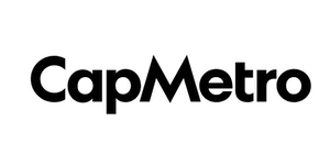 A black and white logo for cap metro on a white background.