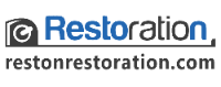 Logo for Reston Restoration, with a gray icon and blue text "Restoration", and the website address below.