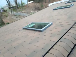 Brown shingled roof with two skylights. Trees and yard in the background.