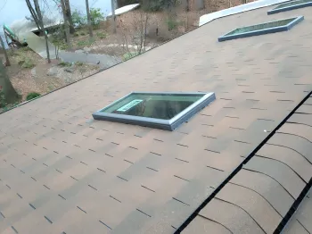 Brown shingled roof with two skylights. Trees and yard in the background.