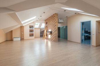 Spacious, light-filled attic room with skylights, light wood floors, brick accent wall, and a glass-door entry.