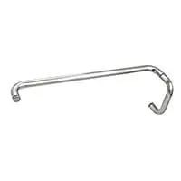 A close up of a stainless steel handle and towel bar combo on a white background.