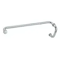 A chrome towel bar with a hook on a white background.