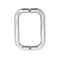 A close up of a stainless steel door handle on a white background.