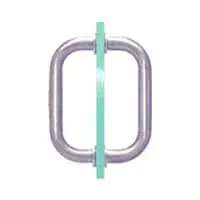 A stainless steel door handle with a glass strip attached to it.