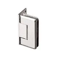 A stainless steel shower door hinge is shown on a white background.