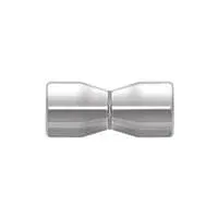 A close up of a stainless steel door knobs on a white background.